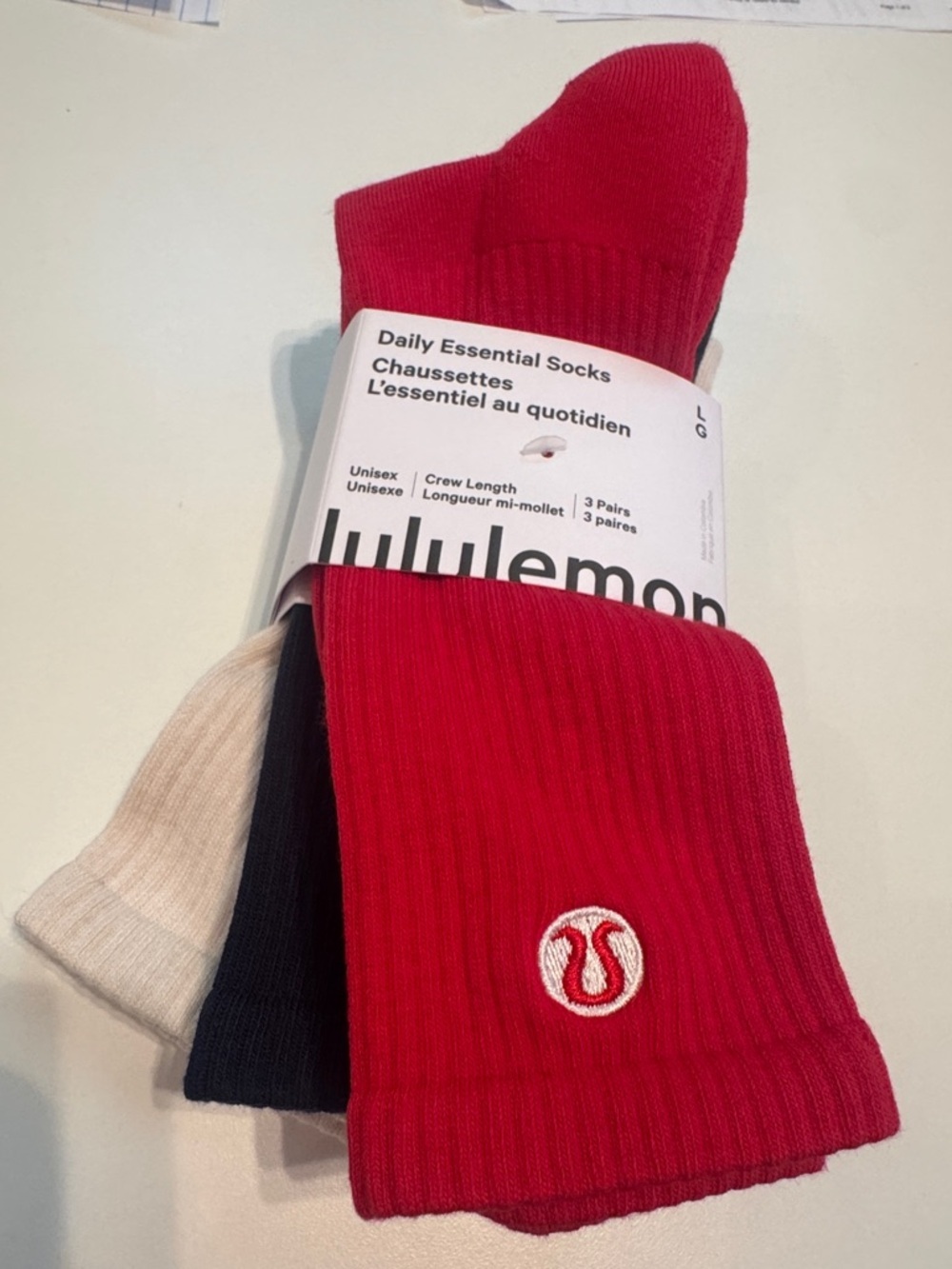 Lululemon NWT Daily Essentials Socks Unisex 3PK Crew Length SZ :Large